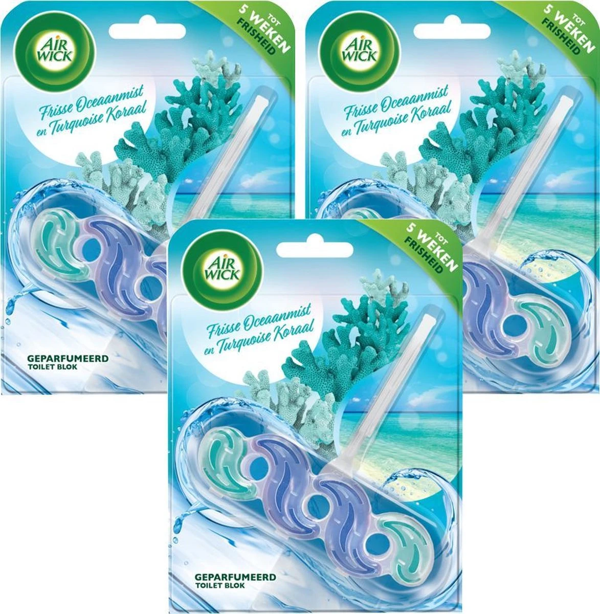 Air Wick Fresh Ocean Mist And Turquoise Coral Boîte De Valeur De Bloc De Toilette - 3 X 35g 3 Air Wick Fresh Ocean Mist And Turquoise Coral Boîte De Valeur De Bloc De Toilette - 3 X 35g